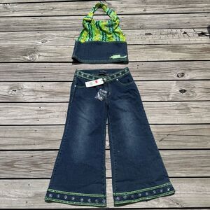 Vintage Y2K NWT Plush Women’s Patterned Halter and Wide Leg Jeans Outfit Set